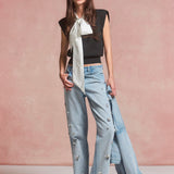 Bow Docking Sleeve Less Knit Tops