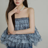 Check Pleats Ruffle Tops