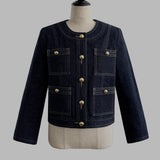 OKAYAMA Gold Button Collarless Denim Jacket