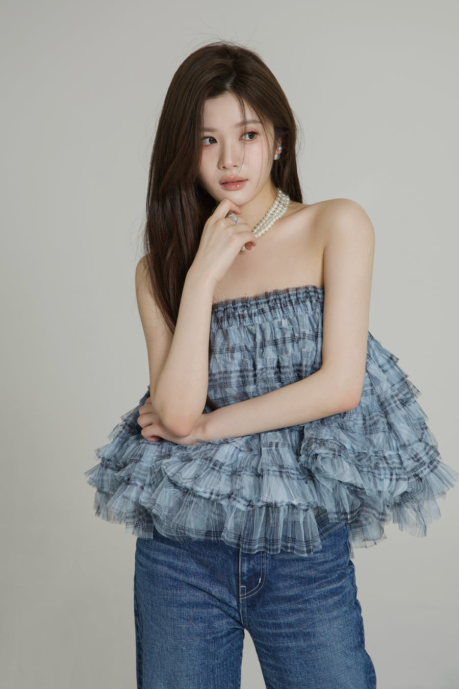 Check Pleats Ruffle Tops