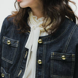 OKAYAMA Gold Button Collarless Denim Jacket