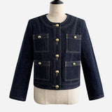 OKAYAMA Gold Button Collarless Denim Jacket