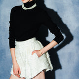 flower spangle tweed hem short pants