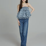 Check Pleats Ruffle Tops