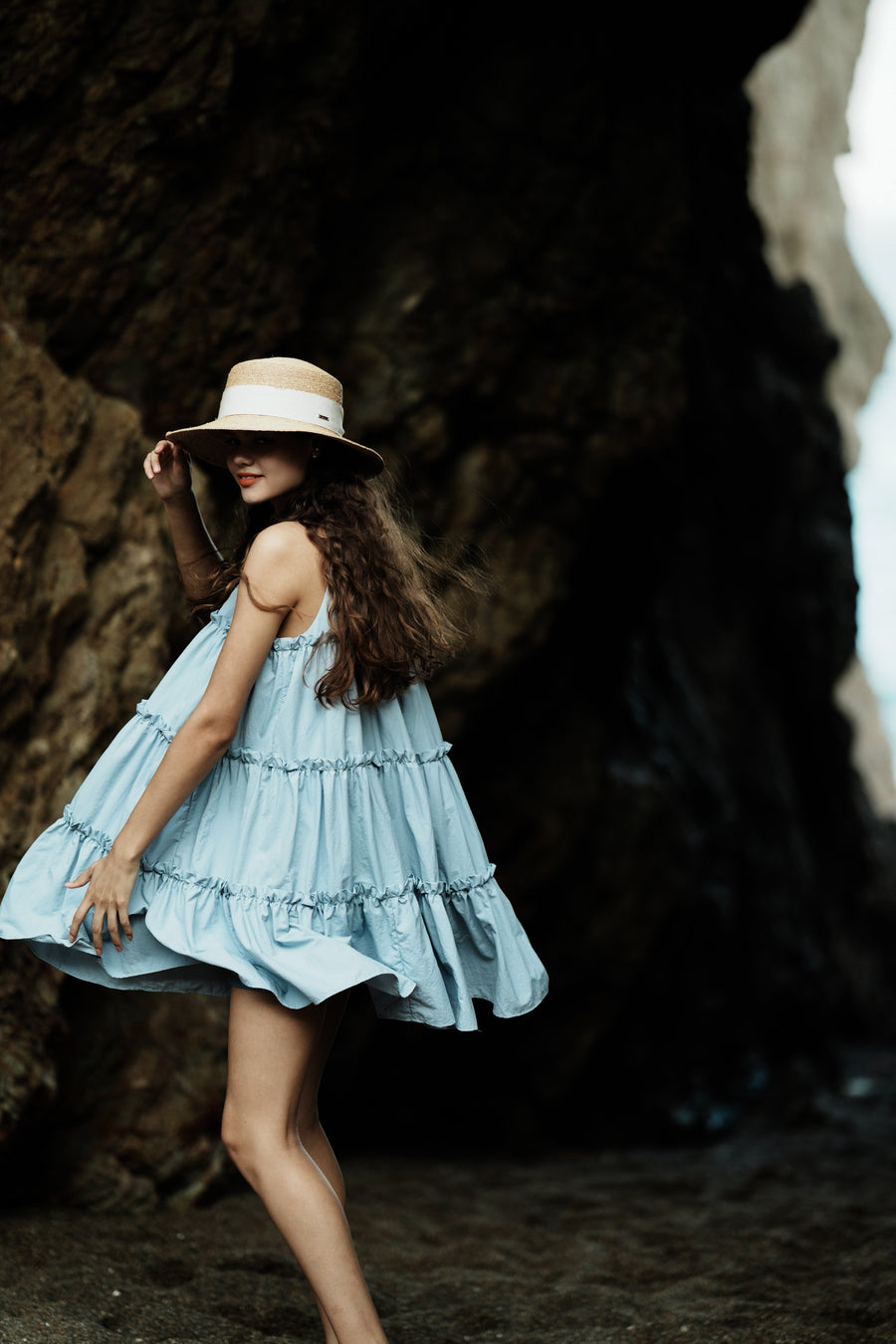 holder neck tiered mini dress