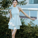 Halter Frill Peplum Knit Tops