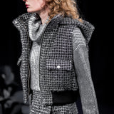 4way shiny tweed padded down jacket