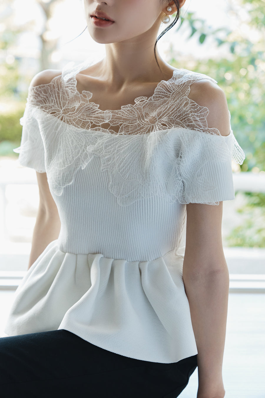Lace Open Shoulder Peplum Tops