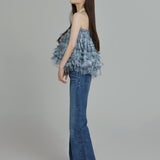 Check Pleats Ruffle Tops
