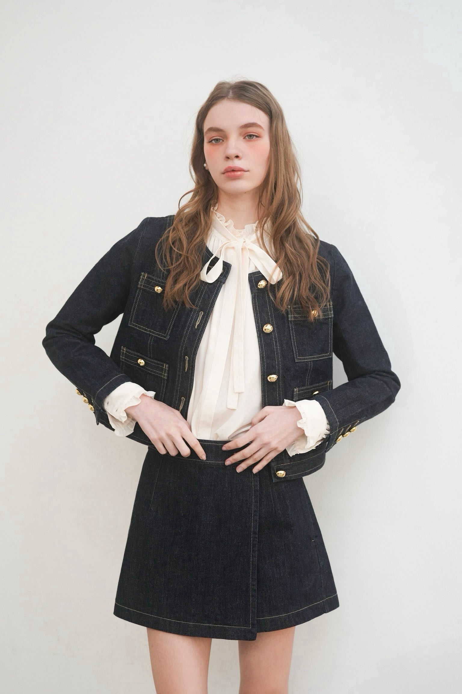OKAYAMA Gold Button Collarless Denim Jacket – shéller / シェリエ OKAYAMA Gold Button Collarless Denim Jacket – shéller / シェリエ