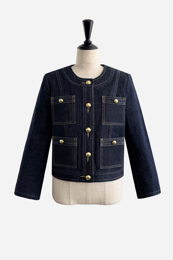 OKAYAMA Gold Button Collarless Denim Jacket