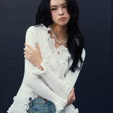 Wave Pleated Ruffle Knit Top